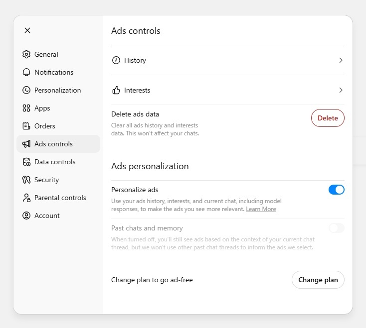 ChatGPT 個人設定管理画面